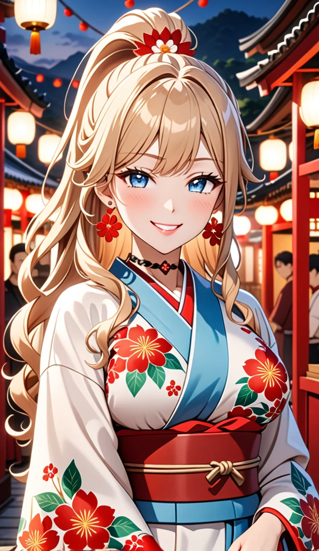 ultra-detailed, ((one girl)), hyper detailed, absurdres, 8K, Beautiful Face, (Laugh shyly), ((teasing smile:1.8)), ((Wink:2.0)), (Laugh with your mouth wide open),(Tilt your head:1.3), View your viewers, ((Bright red cheeks:1.6)),Glossy Red Lips, ((Big Breasts:1.5)), (valley),night, Shrine festival stalls, (Brighten your face), ((Anime style background)),masterpiece, Highest quality, so beautiful,Latest, Complex details, (Pink long nails), (nail art), (ring),(bracelet), (Floral Choker),AI-generated, Complex,High resolution, Highest quality, super high quality,3D Images、3D Images,One person,Blonde long hair,(High Ponytail), (wavy hair:1.3), Anime woman posing for a photo, ((Fine grain、blue eyes、glowing eyes:1.4)), (Squint your eyes:1.1),a hyperRealistic , hyperRealistic , Realistic,Long blonde anime woman, Smooth anime CG art, Pink large floral patternの刺繍が入った、A girl in a gorgeous kimono, ((White long-sleeved kimono)),(Pink large floral pattern) ,Long flower hair ornament,Floral Earrings,Mature Body, tall,Abdominal muscles,Tight waist,((portrait:1.8)), (front view),