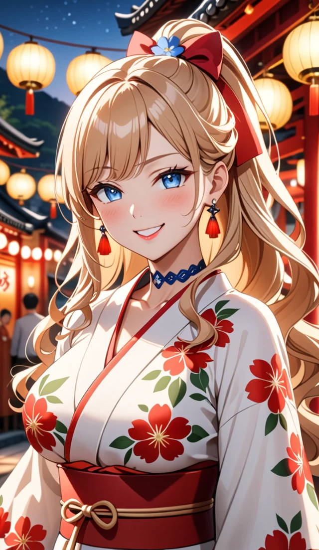 ultra-detailed, ((one girl)), hyper detailed, absurdres, 8K, Beautiful Face, (Laugh shyly), ((teasing smile:1.8)), ((Wink:2.0)), (Laugh with your mouth wide open),(Tilt your head:1.3),  View your viewers, ((Bright red cheeks:1.6)),Glossy Red Lips, ((Big Breasts:1.5)), (valley),night, Shrine festival stalls, (Brighten your face), ((Anime style background)),masterpiece, Highest quality, so beautiful,Latest, Complex details, (Pink long nails), (nail art), (ring),(bracelet), (Floral Choker),AI-generated, Complex,High resolution, Highest quality, super high quality,3D Images、3D Images,One person,Blonde long hair,(High Ponytail), (wavy hair:1.3), Anime woman posing for a photo, ((Fine grain、blue eyes、glowing eyes:1.4)), (Squint your eyes:1.1),a hyperRealistic , hyperRealistic , Realistic,Long blonde anime woman, Smooth anime CG art, Pink large floral patternの刺繍が入った、A girl in a gorgeous kimono, ((White long-sleeved kimono)),(Pink large floral pattern) ,Long flower hair ornament,Floral Earrings,Mature Body, tall,Abdominal muscles,Tight waist,((portrait:1.8)), (front view),