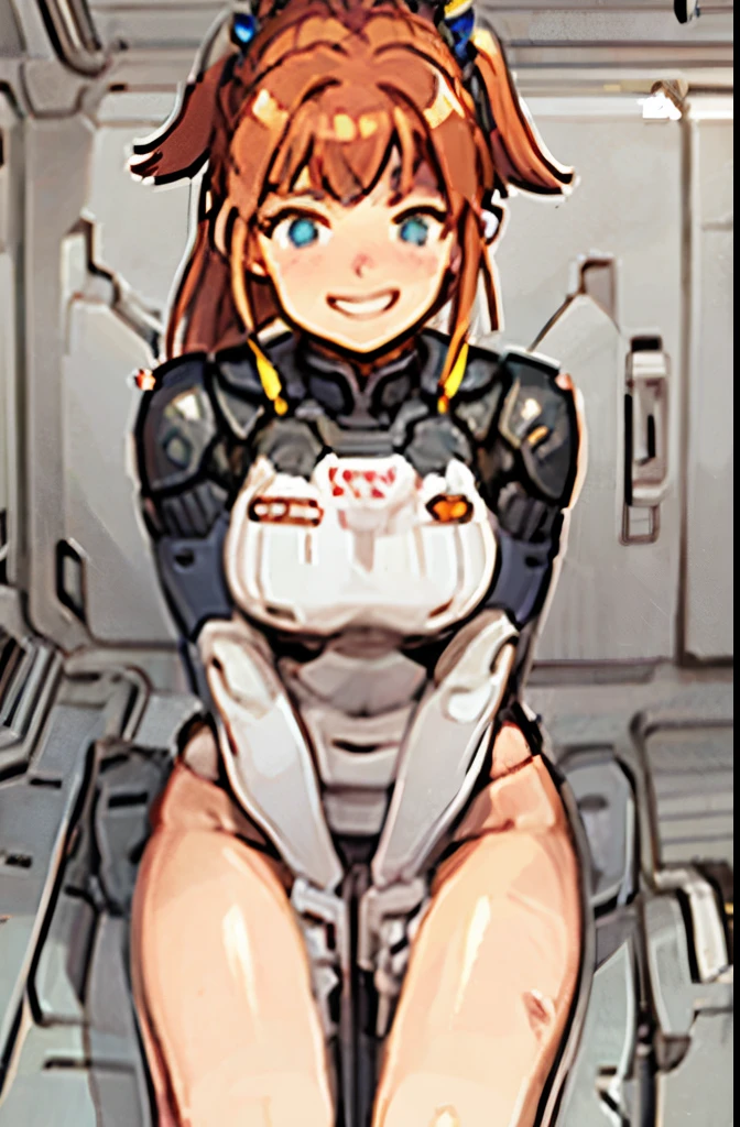 A Female mature robot loves herself. she wears nothing. Her Brown very short pigtails is tied with two big red clothespins, masterpiece, mature, android, blue eyes, full body, Height: 160cm, flushed cheeks, sweat bucket. full body shot, floating hair, looking straight. Her smile is complete. pov, kiss, peck lips, round lip sthick lips incoming, missionary inserted.