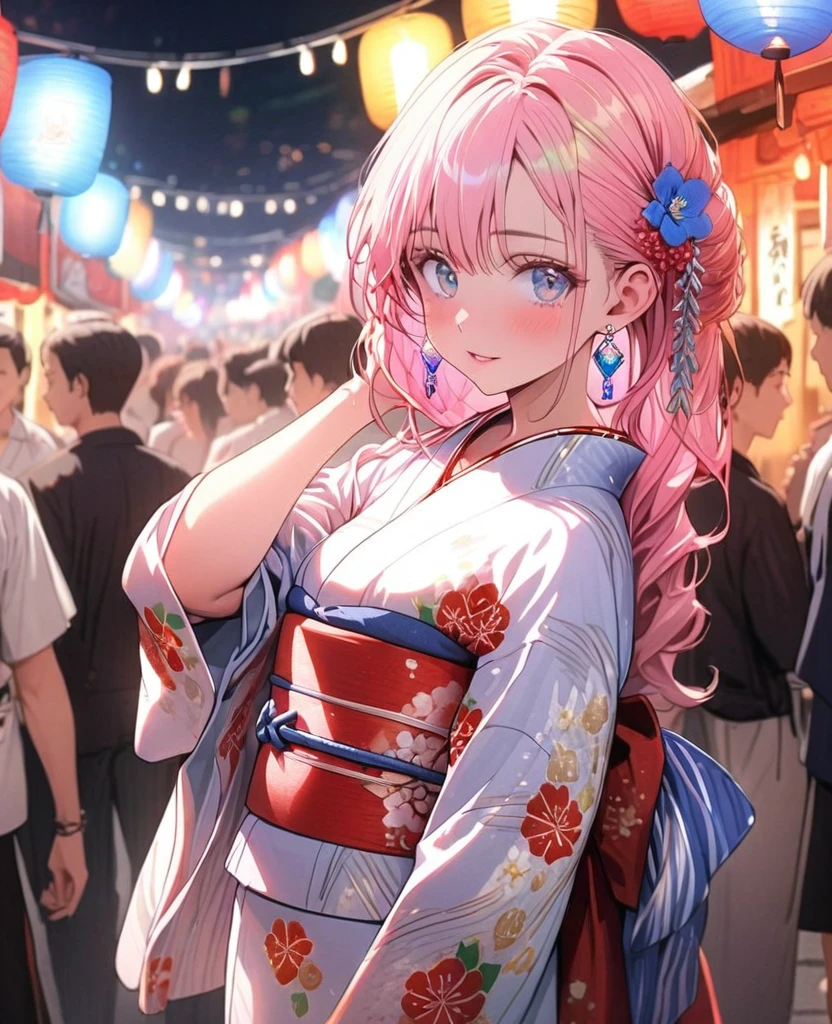 8K,gal，an extremely delicate and beautiful,Beautiful and realistic skin,Shiny jewel-like earrings,Long colorful hair,beautiful eyes,whole body,head to toe,beautiful regs,beautiful yukata,summer festival