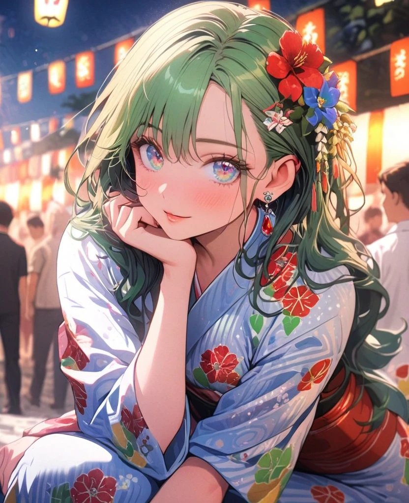 8K,gal,an extremely delicate and beautiful,Beautiful and realistic skin,Shiny jewel-like earrings,Long colorful hair,beautiful eyes,whole body,head to toe,beautiful regs,beautiful yukata,summer festival