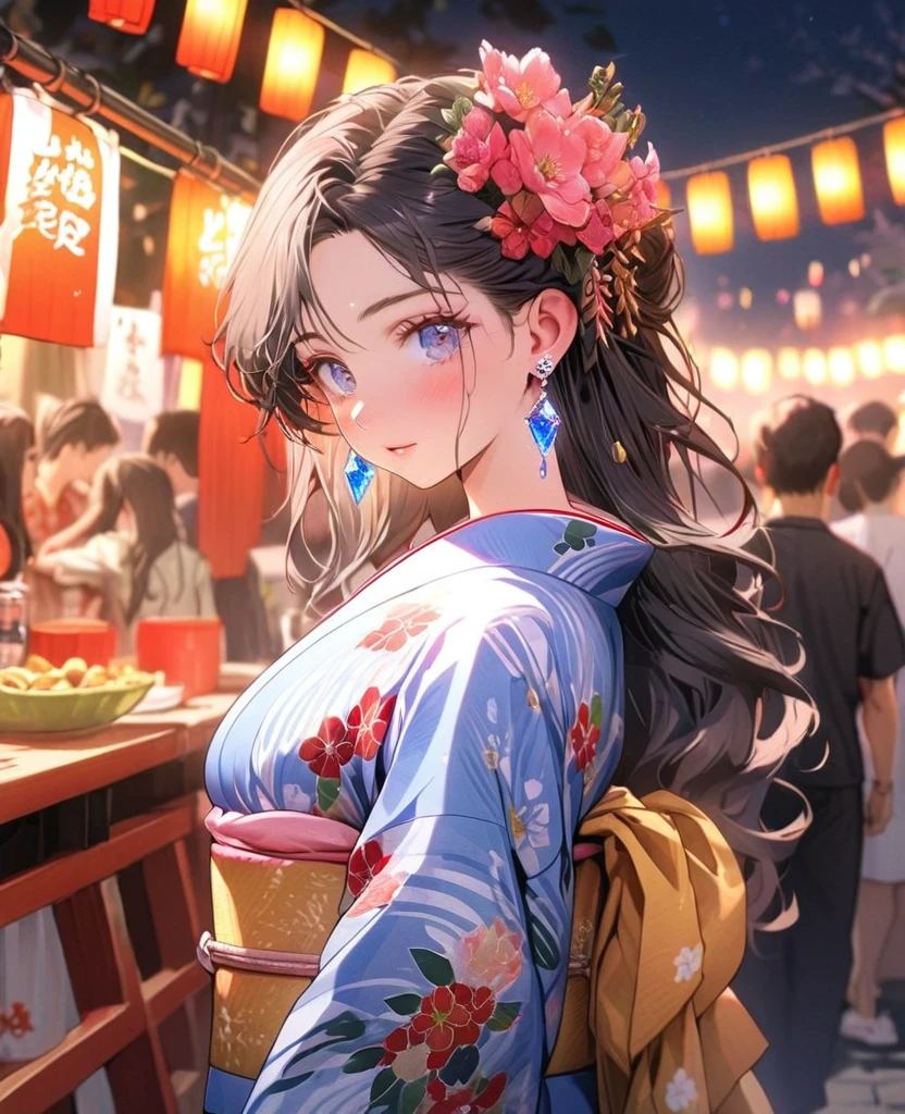 8K,gal，an extremely delicate and beautiful,Beautiful and realistic skin,Shiny jewel-like earrings,Long colorful hair,beautiful eyes,whole body,head to toe,beautiful regs,beautiful yukata,summer festival