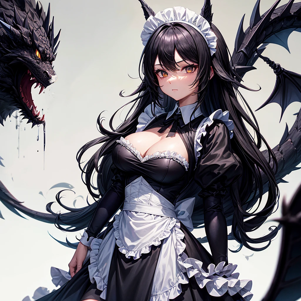 A black dragon woman maid, wears a maid&#39;s outfit showing her panties, has super big breasts, has long, messy black hair, It has red eyes, has a black dragon&#39;s horn, black dragon&#39;s wings and a black dragon&#39;s tail, wear black boots.