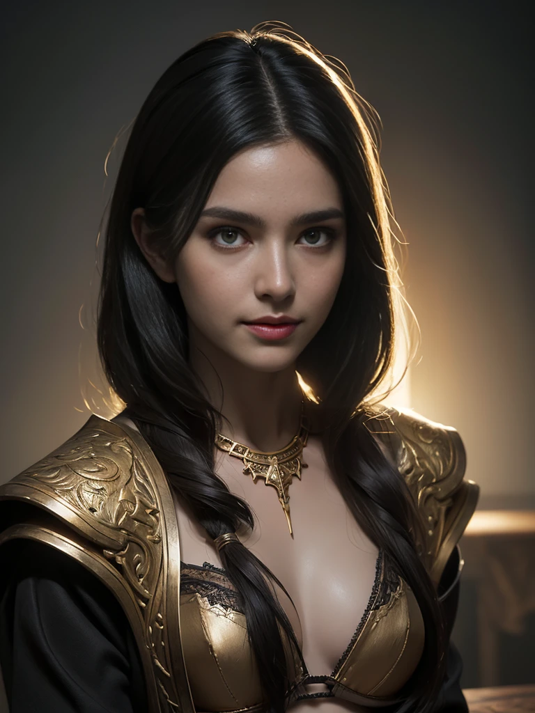 (Bra is visible:1.1), Full body image, Highest quality,masterpiece,masterpiece portrait,Intricate details,Magnificent Light,Fantasy,Dungeons & dragon,Retro,priest,Dark Elf,One girl,Wooden table,Shoulder strap,Grey Skin,Elegant smile,squint,Close-up portrait of a Mycenaean Drow woman wearing gold jewelry, Spider:0.9, web:1.0, Fantasy, Volumetric lighting, コンセプトart, Brush Stroke Style, artステーション, trend, Very detailed, art:Greg Rutkowski