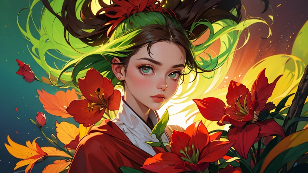 32k, Masterpiece, Highest quality, One girl, Brown Hair, Detailed eyes, flower,Amaryllis, Red and lime green style,A dreamy, romantic piece,Pale yellow, Mysterious Leaves,A playful arrangement,Fantasy,High Contrast,Ink strokes,explosion,Exposure, Impression of red and yellow-green tones,Abstract, Brush strokes,Negative Space, Tyndall effect,