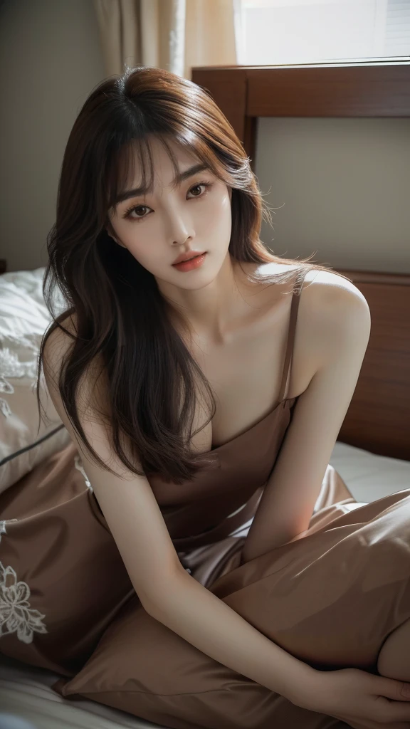 A woman in her fifties sitting on a bed with a pillow, gorgeous young Korean women, beautiful south Korean women, beautiful young Korean women, Korean Girls, Lovely lady, Slim girl photos model, Beautiful Asian Girl, Good young girl, Slim girl photos, Cute young woman, Girl cute beautiful face, korean female fashion model, Korean women