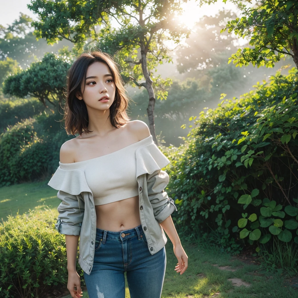 1girl, anomaly off shoulder jacket, jeans, safari park, ultra-detailed, cinematic composition, sunlight exposure, ultra HD, 16k, best quality, masterpiece, hyper realistic, photorealistic, award winning, 8k, dramatic lighting, volumetric lighting, volumetric fog, extreme details, highly detailed face and skin, intricate details, sharp focus, cinematic framing, extensive details, striking poses, beautiful vivid colors, ethereal atmosphere, natural tones, vibrant colors, stunning vista, lush foliage, beautiful landscape, environmental portrait