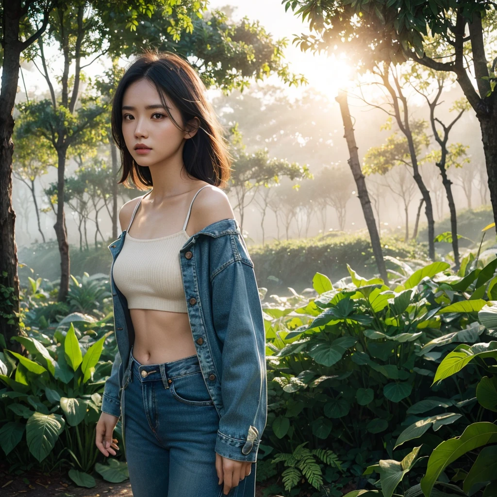 1girl, anomaly off shoulder jacket, jeans, safari park, ultra-detailed, cinematic composition, sunlight exposure, ultra HD, 16k, best quality, masterpiece, hyper realistic, photorealistic, award winning, 8k, dramatic lighting, volumetric lighting, volumetric fog, extreme details, highly detailed face and skin, intricate details, sharp focus, cinematic framing, extensive details, striking poses, beautiful vivid colors, ethereal atmosphere, natural tones, vibrant colors, stunning vista, lush foliage, beautiful landscape, environmental portrait