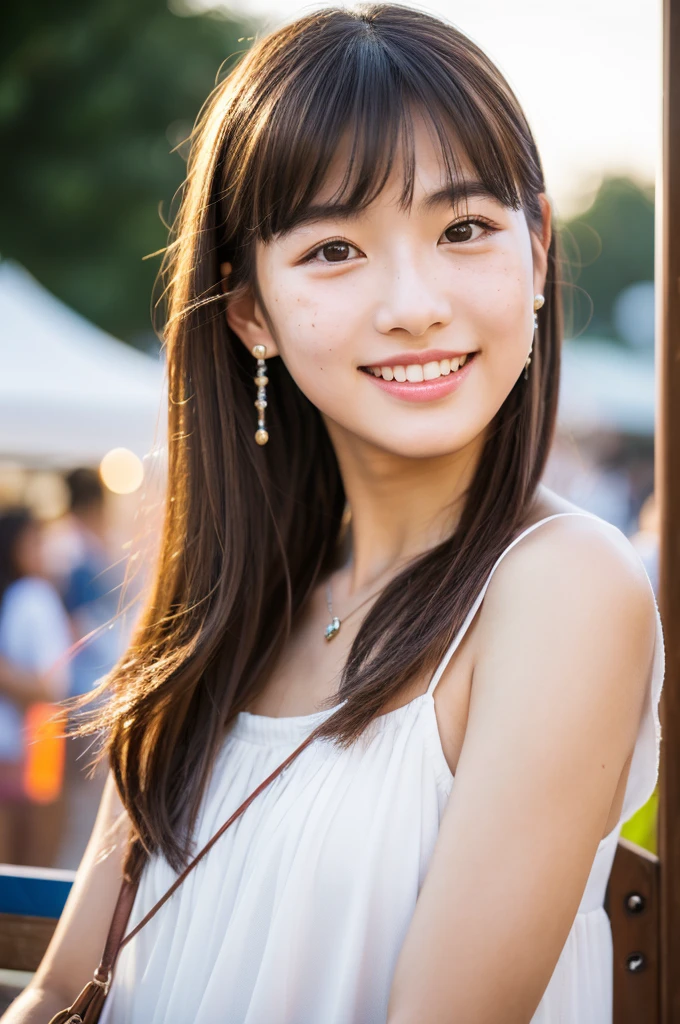 summer festival night stall, first year high school student, ((full body)), ((photo)), ((best qualtiy, 8K, tmasterpiece:1.3)), Focus:1.2, perfect figure beautiful girl:1.4, 1girl, cowboy shot, look at viewer, incredibly absurd, beautiful and cute girl with a photorealistic face, showcasing top-quality craftsmanship, A Japanese girl walking around looking at the food stalls at a summer festival on a night, , straight hair that reaches about 10cm below her shoulders, light brown hair color, shiny hair, bangs cut straight above her eyes, hair tucked behind her ears, soft round face, large almond-shaped eyes, light brown eye color, long eyelashes, thin and neat eyebrows, small nose with a straight bridge, cherry-colored lips, bright smile, white teeth, smooth skin, fair skin, light pigmentation, freckles, average height, lithe figure, well-balanced proportions, bracelet with charms, diamond stud earrings, beautiful girl, pure, moe, cheerful, curious, friendly, polite, responsible, likes festivals and events, August