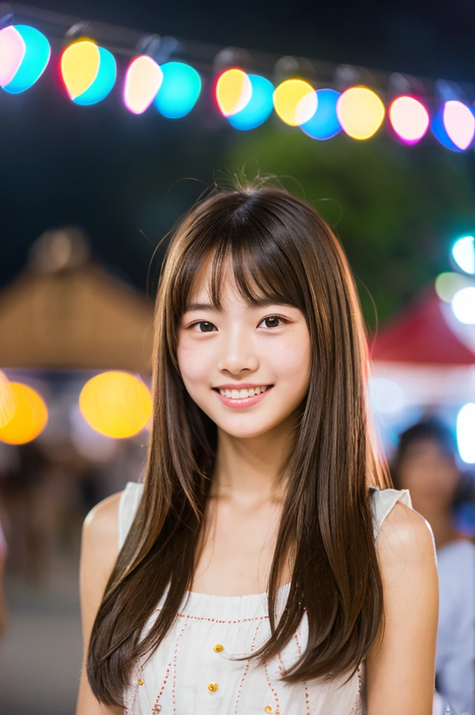 summer festival night stall, first year high school student, ((full body)), ((photo)), ((best qualtiy, 8K, tmasterpiece:1.3)), Focus:1.2, perfect figure beautiful girl:1.4, 1girl, cowboy shot, look at viewer, incredibly absurd, beautiful and cute girl with a photorealistic face, showcasing top-quality craftsmanship, A Japanese girl walking around looking at the food stalls at a summer festival on a night, , straight hair that reaches about 10cm below her shoulders, light brown hair color, shiny hair, bangs cut straight above her eyes, hair tucked behind her ears, soft round face, large almond-shaped eyes, light brown eye color, long eyelashes, thin and neat eyebrows, small nose with a straight bridge, cherry-colored lips, bright smile, white teeth, smooth skin, fair skin, light pigmentation, freckles, average height, lithe figure, well-balanced proportions, bracelet with charms, diamond stud earrings, beautiful girl, pure, moe, cheerful, curious, friendly, polite, responsible, likes festivals and events, August