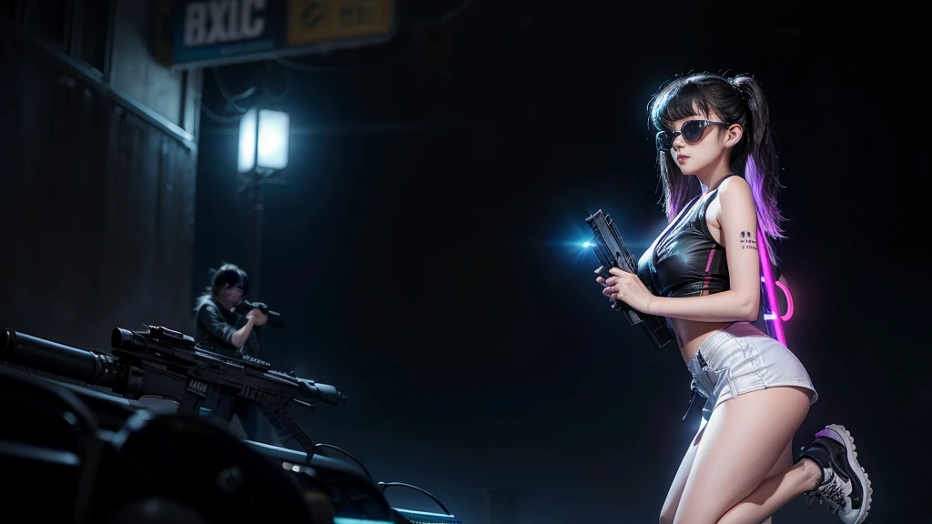 8k, Realistic Skin Texture, Realistic Photo, Neo Tokyo, slim women, large-breast:1.4 cleavage:1.3, AD2050 at night, Dirty hunting jacket, Wearing tube top, miniskirt, (((black sunglasses, automatic rifle, sneakers, cold, shooting pose, very low angle view))), Innovative composition, revenge, cyberpunk, blade runner worldview, Large neon sign, Geisha hologram sign, Strong Wakamoto Sign.