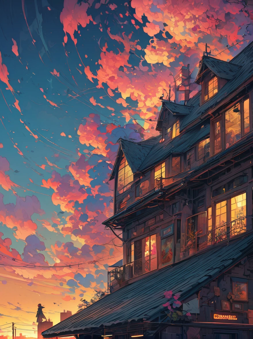 Soulful musician playing the violin on a rooftop at sunset, Musical score, Note, Reflexive, City skyline, Dramatic sunset, Surrealist oil painting by James Jean, Van Gogh, Mark Ryden, Robbie Trevino, Pop Cyberpunk Steampunk Flowerpunk, Atompunk, Cinematic, wallpaper