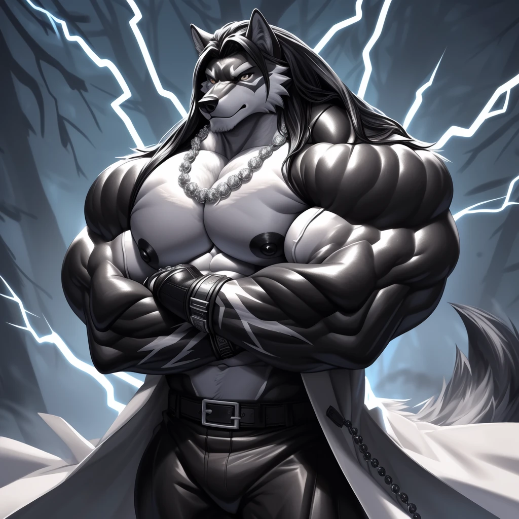 (upload on e621) (Masterpiece) (by Drks) (best quality) (ultra high res) 4K (8k HD) 2D (perfect anatomy) (digital art) (official art) (extreme detailed) (ultra detailed) (strapsanime) color (soft shading) (sharp focus) (forest woods background) 1man black body fur silver belly detailed fluffy fur (ultra detailed face) detailed eyes detailed iris eyes detailed golden yellow eyes (white sclera) black pupils big navel abs bare pectoral (((silver tuft on his chest))) (((huge black shiny nipples))) black claw nails furry wolf male mature male dark black giant bulky muscular body fur giant size canid (((huge muscles))) (((hyper muscles:1.3))) huge pecs (((oversize pecs:1.3))) huge biceps (((giant biceps:1.3))) (((fullbody))) canine canis mammal powerful wolf god wolf male fierce face badass wolf anthro solo standing (((wearing black full complete sleeveless long trench coat:1.3))) (((dark black longest flowing length hair:1.3))) (((dark black longest flowing length back fur hair:1.3))) (((dark black longest length hair fur front lay on pecs:1.3))) (((best longest dark black flowing hair:1.3))) (((perfect fingers))) (((five fingers))) dark black hands and fingers (((wearing black and silver fingerless gloves))) (((black arm bands on his biceps))) (((three black arm bands on his forearms))) (((black huge bead necklaces:1.3))) (((black huge longer bead necklaces around neck to pecs:1.3))) (((dark black and silver underside long wolf tail))) (((black long pants with silver lines with belt straps on both legs))) (((silver electricity and wind aura flow entire body))) (((crossed arm pose)))