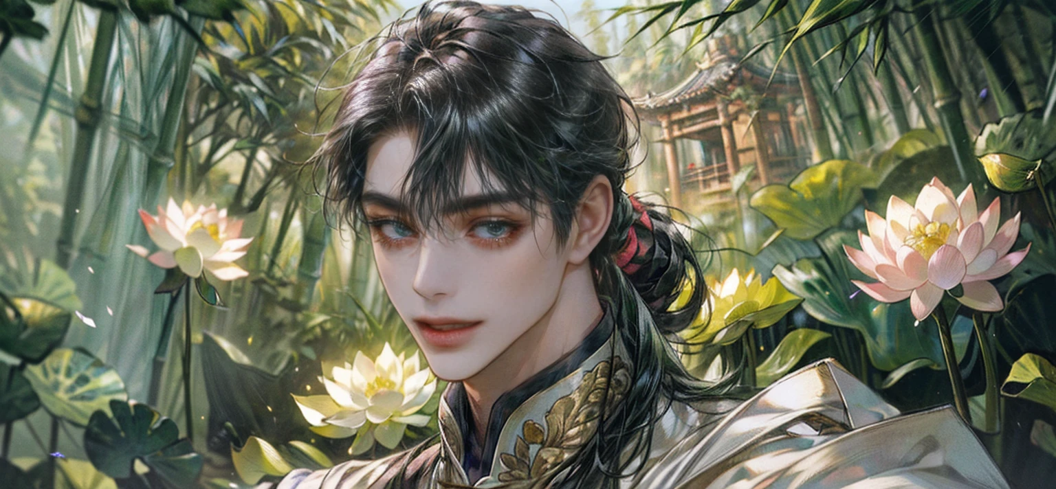 extraordinarily beautiful youth, a bright, innocent smile,All green clothing,(absurdres, highres, ultra detailed, HDR), masterpiece, best quality, (1 boy) , boy character ,((Thick black long hair)),beautiful face,detailed interior, detailed character,((man)),(lotus Flowers in bamboo forest), black hair,he smile,(white lotus), house of China in bamboo Forest , beautiful and cute man ,(long black hair),black eyes,((solo man)),(he has a Big eyes, charming lips, slim nose and small face),(slim figures and no muscle),thin boy,slim body, slim figures  ,very long hair and ponytail, thick hair 