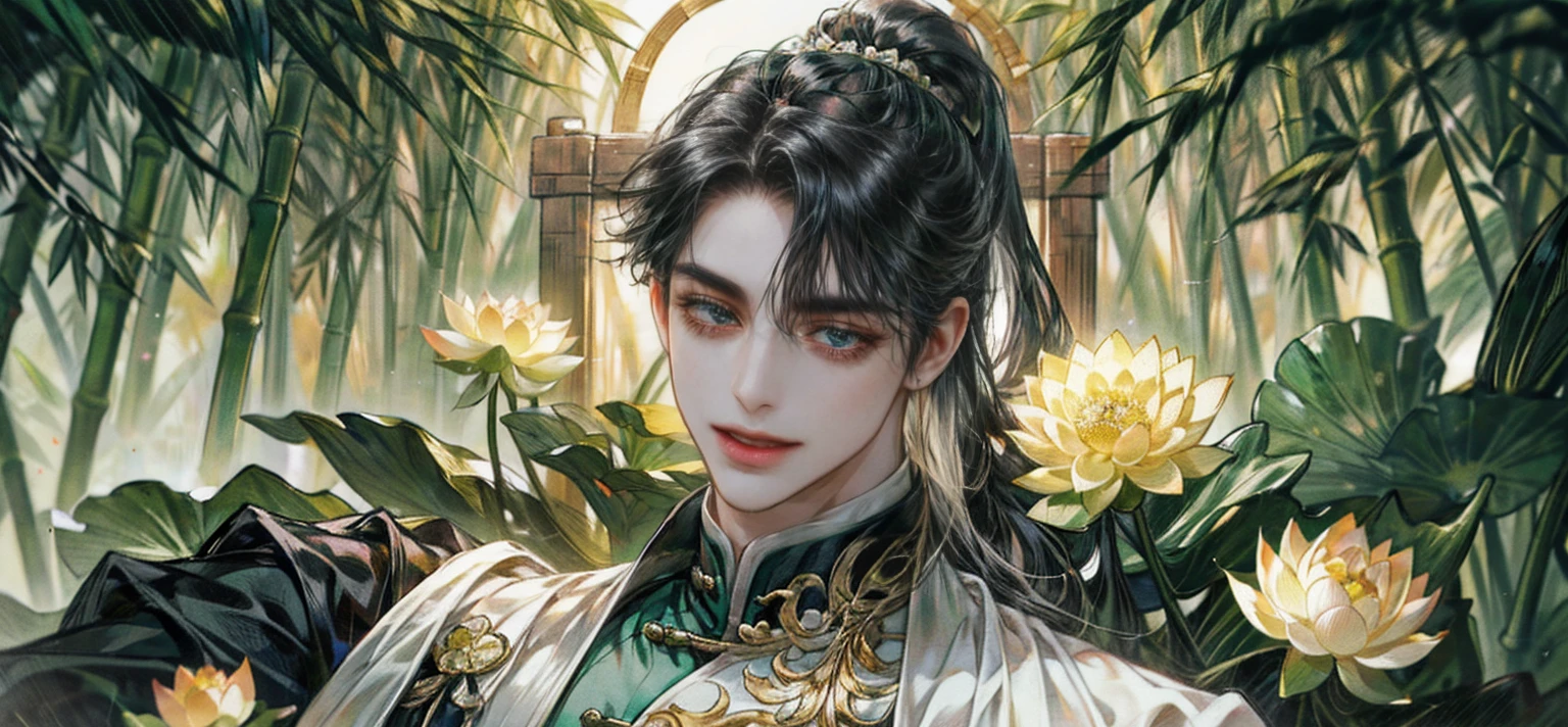 extraordinarily beautiful youth, a bright, innocent smile,All green clothing,(absurdres, highres, ultra detailed, HDR), masterpiece, best quality, (1 boy) , boy character ,((Thick black long hair)),beautiful face,detailed interior, detailed character,((man)),(lotus Flowers in bamboo forest), black hair,he smile,(white lotus), house of China in bamboo Forest , beautiful and cute man ,(long black hair),black eyes,((solo man)),(he has a Big eyes, charming lips, slim nose and small face),(slim figures and no muscle),thin boy,slim body, slim figures  ,very long hair and ponytail, thick hair 