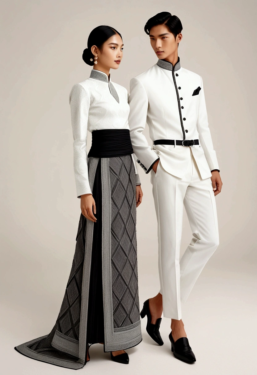 candid fashion illustration of young man and woman, both aged 20 year old, ((showcase fashion in a Northern Thai Lanna outfits all in whaite)), in elegant luxury style, The man wears a simple long-sleeved white shirt with minimal details, paired with white Tailor pants. black shoes, The woman complements him with white  tubular skirt that is handwoven and often features intricate patterns, ankle-length and is wrapped around the waist, and A fitted, often intricately decorated blouse that complements the skirt. Captured in a low angle, ((full-body image)), (full-body pose)), ((white studio background)), realistic color pencil lines, perfect drawing, charcoal lines, fading sketch, quick Sketch, soft light, 