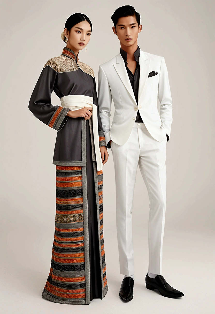 candid fashion illustration of young man and woman, both aged 20 year old, ((showcase fashion in a Northern Thai Lanna outfits all in whaite)), in elegant luxury style, The man wears a simple long-sleeved white shirt with minimal details, paired with white Tailor pants. black shoes, The woman complements him with white  tubular skirt that is handwoven and often features intricate patterns, ankle-length and is wrapped around the waist, and A fitted, often intricately decorated blouse that complements the skirt. Captured in a low angle, ((full-body image)), (full-body pose)), ((white studio background)), realistic color pencil lines, perfect drawing, charcoal lines, fading sketch, quick Sketch, soft light, 