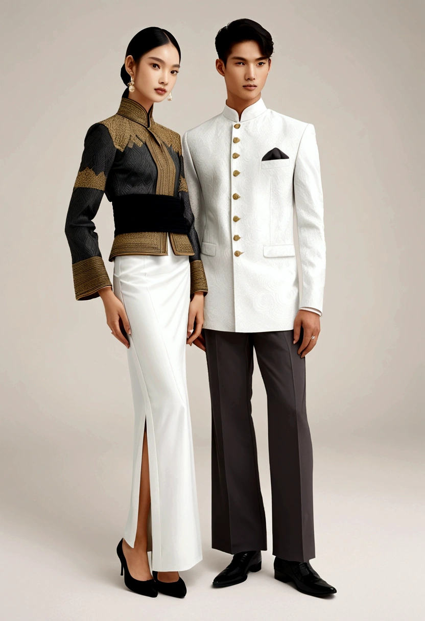 candid fashion illustration of young man and woman, both aged 20 year old, ((showcase fashion in a Northern Thai Lanna outfits all in whaite)), in elegant luxury style, The man wears a simple long-sleeved white shirt with minimal details, paired with white Tailor pants. black shoes, The woman complements him with white  tubular skirt that is handwoven and often features intricate patterns, ankle-length and is wrapped around the waist, and A fitted, often intricately decorated blouse that complements the skirt. Captured in a low angle, ((full-body image)), (full-body pose)), ((white studio background)), realistic color pencil lines, perfect drawing, charcoal lines, fading sketch, quick Sketch, soft light, 