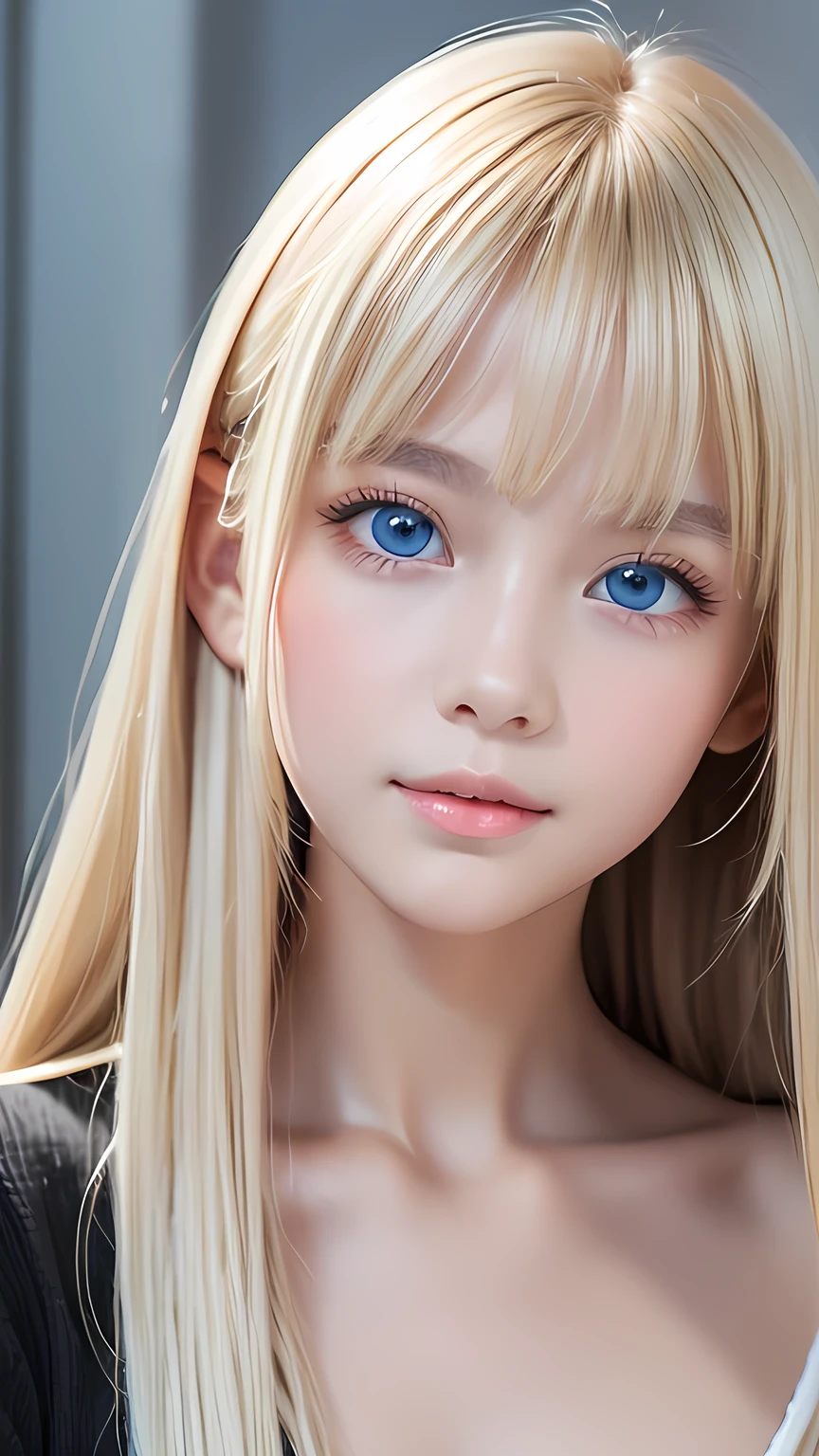 Highest quality、masterpiece、(Realistic:1.4)、One very beautiful blonde girl、Dazzlingly long, super long straight silky platinum blonde、Bangs between the eyes、bangs on the face、Big, very bright light blue eyes that shine so beautifully、Very big eyes、front、Detailed face、Beautiful Eyes、Very white and bright, beautiful skin、Small Face Beauty、14 year old beautiful girl、Cheek gloss highlighter、Round face