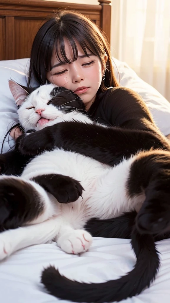 A cat crying with tears streaming down its face, lying on a bed