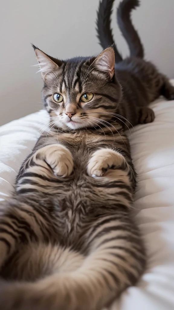 A cat crying with tears streaming down its face, lying on a bed