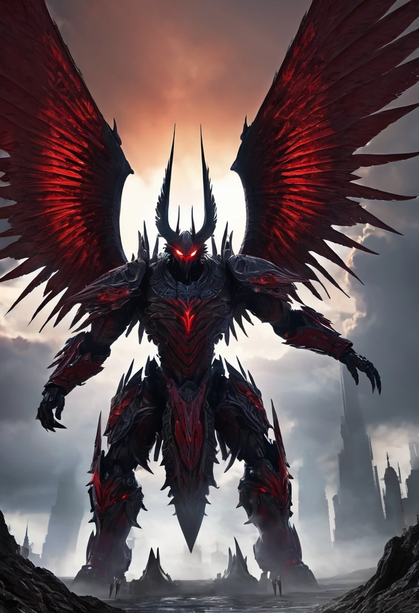 Noctarion: Detailed and Menacing Description Physical Attributes Height: Over 2,500 meters (8,200 feet) Wingspan: Over 46,000 kilometers (28,580 miles) Appearance Scales and Markings: Noctarion’s body is covered in deep, velvety black scales. Crimson lines pulse rhythmically along his body, emphasizing his immense and terrifying power. Eyes: His eyes glow a fierce red, emanating an intense and fearsome energy. Claws and Teeth: Massive claws and razor-sharp teeth add to his formidable and deadly appearance. Horns: Large, imposing horns adorn his head, adding to his intimidating presence. Additional Features Spikes and Armor: Noctarion’s body is lined with numerous spikes. He has three pairs of tails, each adorned with heavy, impenetrable armor. Wings: Noctarion boasts two sets of massive wings. Each wing is bat-like, adorned with additional spikes, and emits shadow-like substances and pulsars of dark red energy, enhancing his menacing aura. Mist and Aura: A dark mist surrounds him, distorting the air and creating an eerie, unsettling atmosphere. Background and Scale Scale: To emphasize Noctarion’s massive size, imagine placing the Burj Khalifa in the background. This tallest building in the world would look minuscule next to Noctarion, highlighting his dominance and power. Visualization Formidable Presence: Visualize Noctarion towering over the Burj Khalifa, his massive form dwarfing the skyscraper. His imposing horns and additional claws enhance his menacing look, while his spiked and armored tails sway behind him, ready to strike. Powerful Wings: His two sets of wings are vast and powerful, each flap sending ripples of dark energy through the air. The wings, adorned with spikes, add to his intimidating appearance, casting shadows that seem to stretch for miles. Energy and Mist: The shadow-like substances and dark red energy pulsars that he emits create a chilling atmosphere.