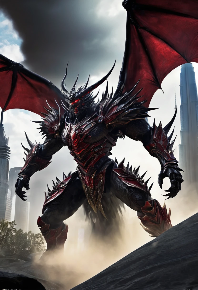 Noctarion: Detailed and Menacing Description Physical Attributes Height: Over 2,500 meters (8,200 feet) Wingspan: Over 46,000 kilometers (28,580 miles) Appearance Scales and Markings: Noctarion’s body is covered in deep, velvety black scales. Crimson lines pulse rhythmically along his body, emphasizing his immense and terrifying power. Eyes: His eyes glow a fierce red, emanating an intense and fearsome energy. Claws and Teeth: Massive claws and razor-sharp teeth add to his formidable and deadly appearance. Horns: Large, imposing horns adorn his head, adding to his intimidating presence. Additional Features Spikes and Armor: Noctarion’s body is lined with numerous spikes. He has three pairs of tails, each adorned with heavy, impenetrable armor. Wings: Noctarion boasts two sets of massive wings. Each wing is bat-like, adorned with additional spikes, and emits shadow-like substances and pulsars of dark red energy, enhancing his menacing aura. Mist and Aura: A dark mist surrounds him, distorting the air and creating an eerie, unsettling atmosphere. Background and Scale Scale: To emphasize Noctarion’s massive size, imagine placing the Burj Khalifa in the background. This tallest building in the world would look minuscule next to Noctarion, highlighting his dominance and power. Visualization Formidable Presence: Visualize Noctarion towering over the Burj Khalifa, his massive form dwarfing the skyscraper. His imposing horns and additional claws enhance his menacing look, while his spiked and armored tails sway behind him, ready to strike. Powerful Wings: His two sets of wings are vast and powerful, each flap sending ripples of dark energy through the air. The wings, adorned with spikes, add to his intimidating appearance, casting shadows that seem to stretch for miles. Energy and Mist: The shadow-like substances and dark red energy pulsars that he emits create a chilling atmosphere.