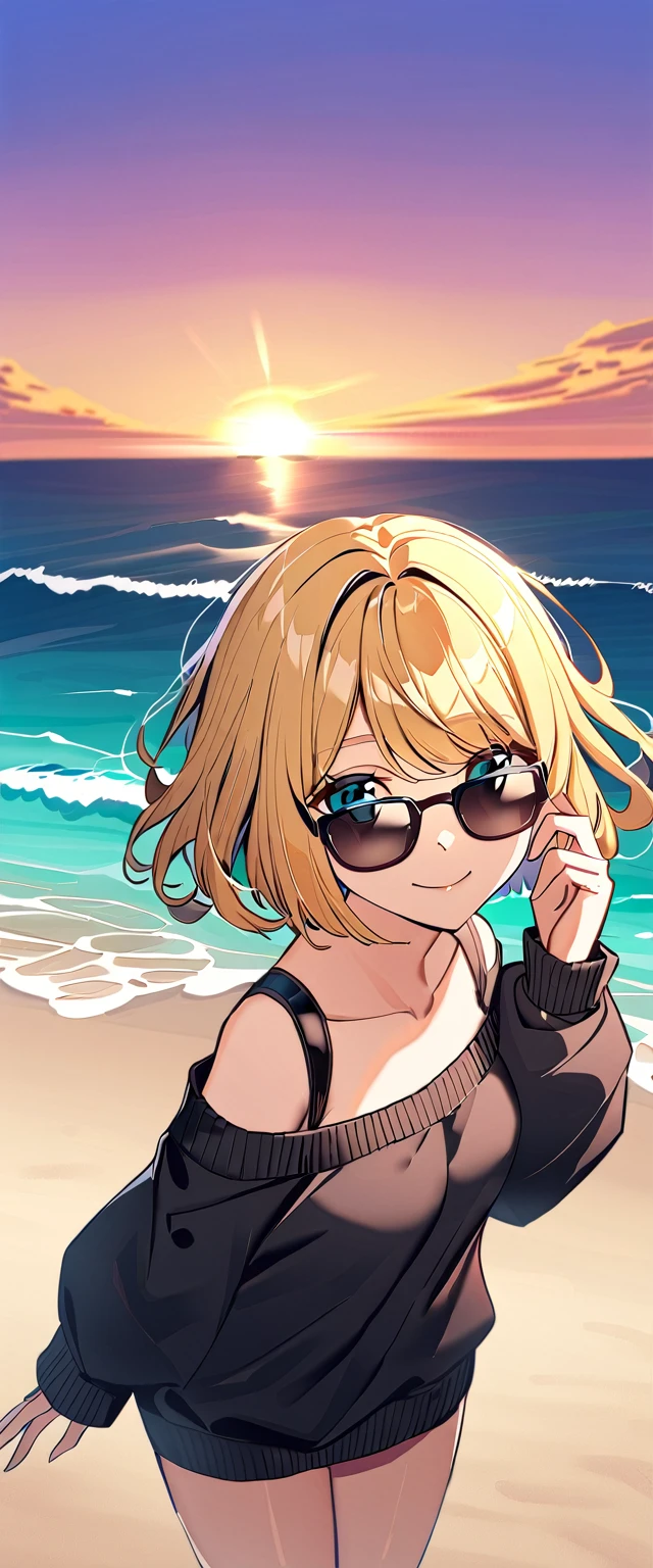 ((sea, beach)), bare legs, ((from above)), (((sunglasses, hand to sunglasses))), (((cowboy shot))), ((wavy hair, inward curled hair)), evening, ((Sunset)), ((blond hair, bob cut:1.3)), breasts, ager, (looking at viewer), oversized clothes, puffy long sleeves, ((off-shoulder sweater:1.3, Quite thick shoulder straps)), ((black sweater)), collarbone, head tilt:1.3, (((blue eyes))), ((happy smile)), (((anime style))), (best quality, 4K, 8K, highres, masterpiece:1.2, ultra-detailed, ultra-detailed eyes, HDR, uhd, studio lighting, ultra-fine painting, sharp focus, physically-based rendering, extreme detail description, professional, vivid colors, bokeh)