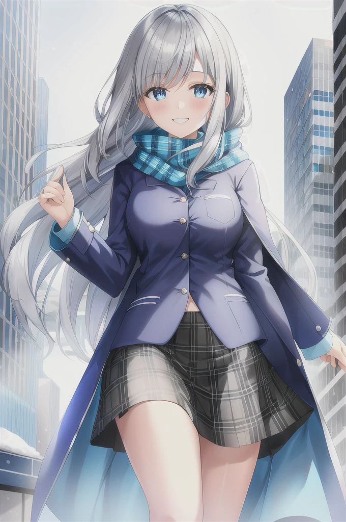 a young woman with silver hair, blue eyes, wearing a blue hooded jacket, a blue scarf, a white t-shirt, gray gloves, and a plaid skirt, standing on a city street and smiling at the viewer, surrounded by a blue aura