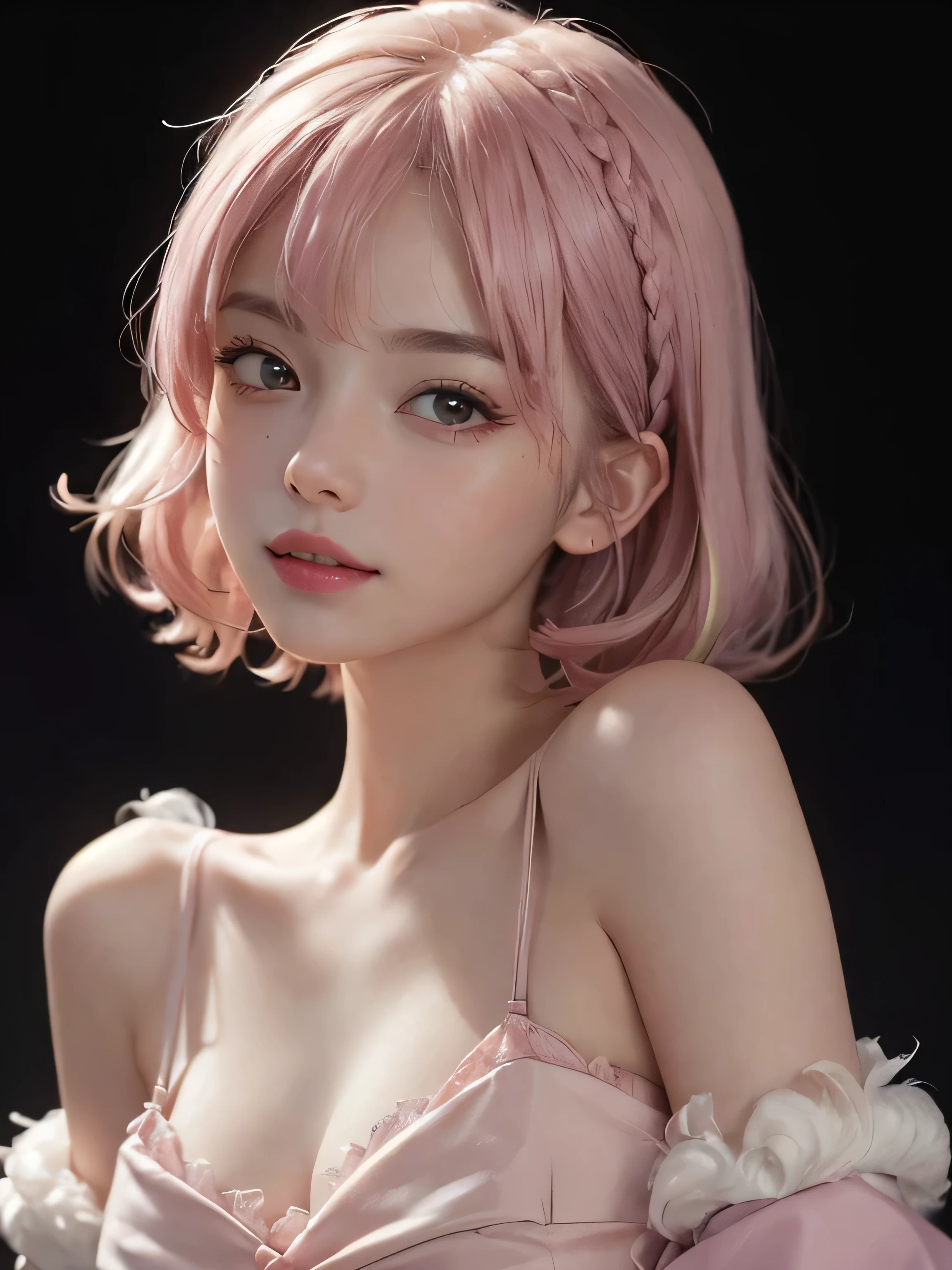 SFW:1.8、
(masterpiece、Highest quality:1.4)、
(8K resolution、Ultra-high resolution:1.2)、
Realistic,
Detailed depiction face、Eye for detailed depiction、Detailed skin、Detailed Hair、Glowing Skin、
Japanese Idols、Very beautiful woman、Detail and beauty that cannot be captured in reality:1.3、
Elegant and perfect figure、Perfect Anatomy、
1 Girl、17 years old、
Lip gloss、Add highlights to the eyes:1.5、
Dynamic Angle、(Beautiful Bangs、Highly Detailed Hair:1.5)、Glowing Skin:1.4、
Look closely at the camera、Natural and comfortable lighting、Highlights below、
Very cute smile、Very happy smile、
(Portraiture、White Background、Face close-up:2)、
Upper Body、
(Fluffy short bob hair、Pastel pink hair:1.5)、
eyelash、
Pale red eyes、
See-through costume、Brightly colored off-the-shoulder dress、