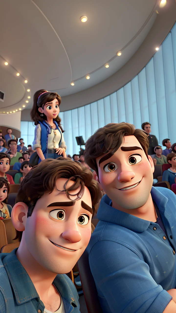 (best quality,highres,masterpiece:1.2), Disney Pixar style couple in a theater, ultra-detailed, (realistic,photorealistic,photo-realistic:1.37), vibrant colors, theatrical lighting