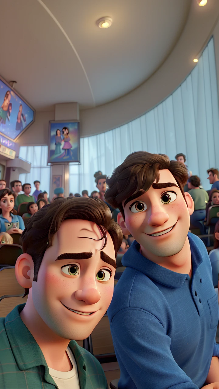 (best quality,highres,masterpiece:1.2), Disney Pixar style couple in a theater, ultra-detailed, (realistic,photorealistic,photo-realistic:1.37), vibrant colors, theatrical lighting