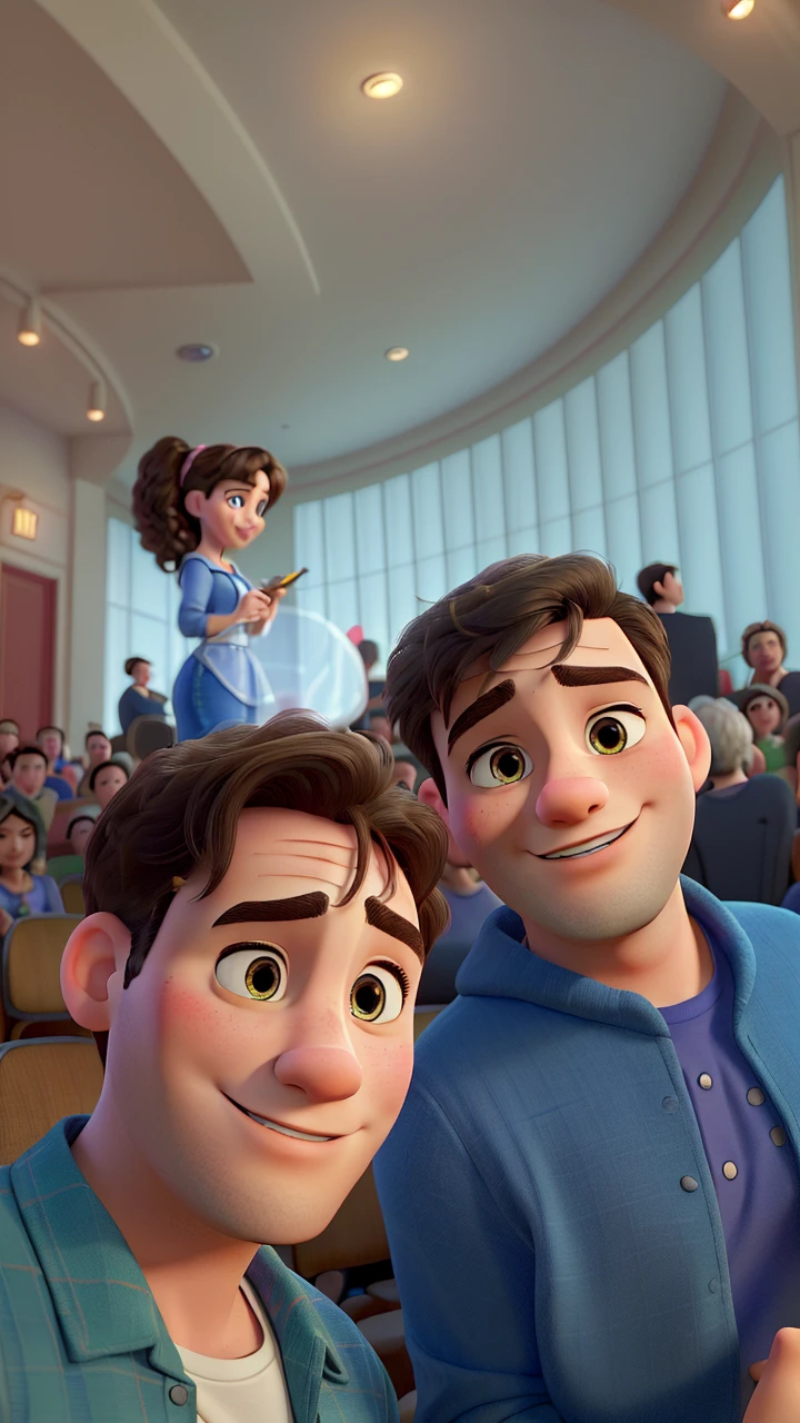 (best quality,highres,masterpiece:1.2), Disney Pixar style couple in a theater, ultra-detailed, (realistic,photorealistic,photo-realistic:1.37), vibrant colors, theatrical lighting