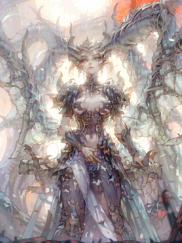 a fantasy image, a cave full of bones and a throne of skulls, it should show a thin moonlight, in the center of the image there should be a woman with bat wings and horns, the bottom should be rocky with an opening at the top of the cave.