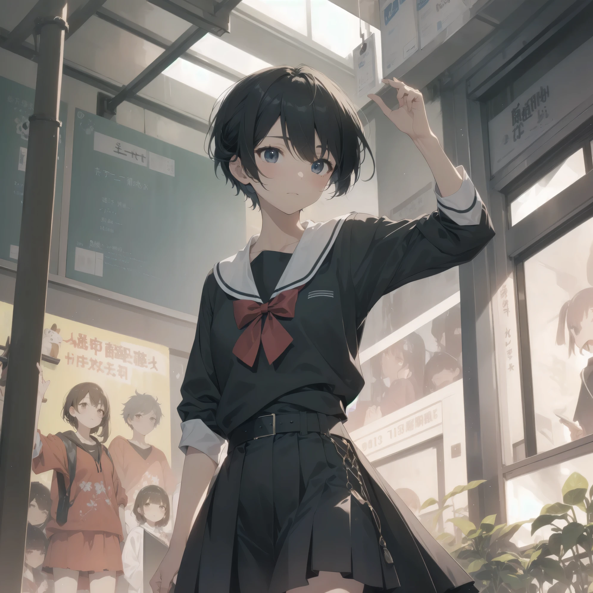 ultra-absurdres-Top quality by artist God, ultra-detailed, high resolution, anime moe artstyle, best anime 8k konachan wallpaper, pixiv contest winner, pool:2810, perfect anatomy,break, 1girl, (Please draw a girl walking sleepily to school alone. )break,(Solo,little female, 13-year-old:1.3),Full limbs, complete fingers,a junior high school student, (very short hair), short cut, flat chest, , small butt, small black eyes, beautiful detailed eyes, well-proportioned iris and pupils, expressive eyes, highres detailed hair, soft expression, salor school_uniform, sailor collar, serahuku, bow, pleated skirt,(Detailed Lighting), (Detailed background), in the School commute route. break,super detailed skin, Best cinematic lighting powered by famous artist, 8k,beauty illustration,photoshop_(medium),very aesthetic,break,((artist:enkyo_yuuichirou )), artist:clamp ,artist:carnelian ,artist:kantoku ,
