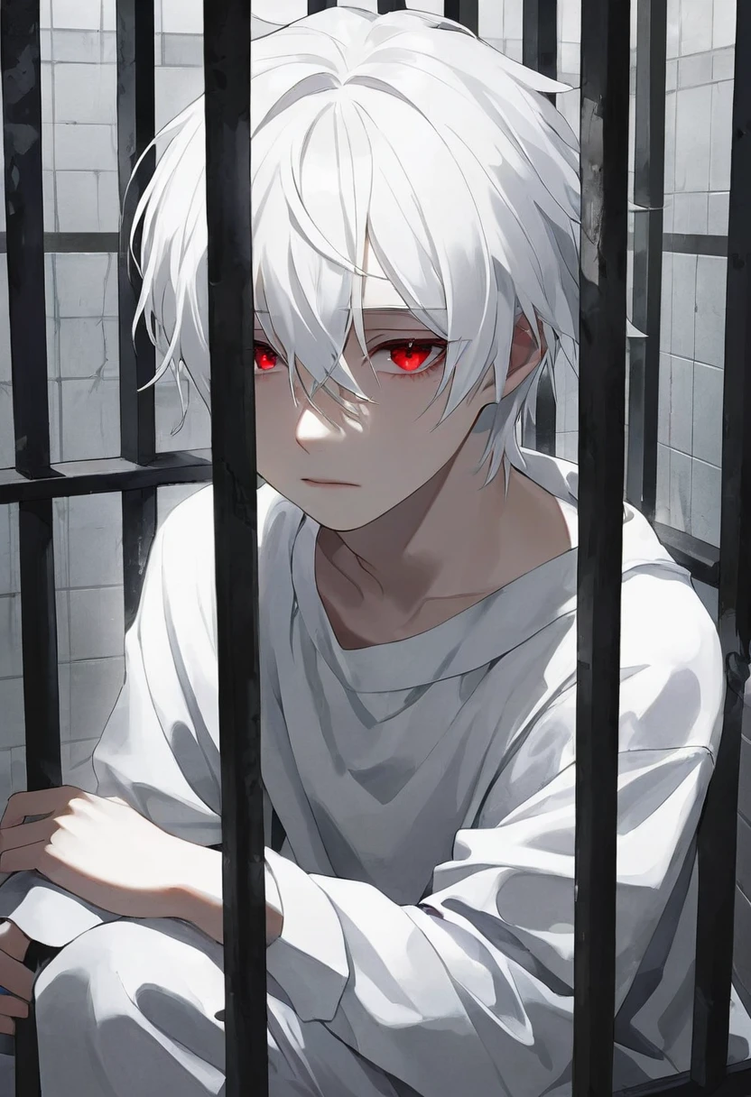 pure white hair、Teenage Boy、Bright red eyes、White skin、White clothes、White skin、In solitary confinement、A dark look of despair、Being handcuffed or in a restraint