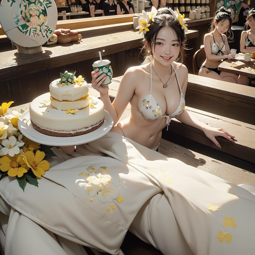 8K、RAW Photos、Highest quality、Super detailed、Super Resolution、Ultra HD、8K壁紙、Amazing details
((((Inside the Starbucks store))))、(((White, black and yellow floral bikini swimsuit)))、((Eat cake、Drink coffee、smile))、Heart Necklace(((Emphasize cleavage)))