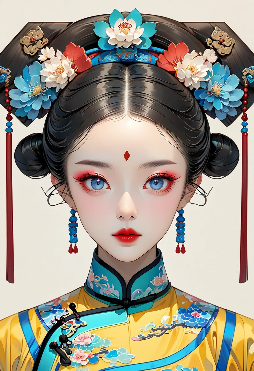Makeup for Qing Dynasty Palace Drama,Thick coating of the board,Colored pencils,fine digital art,Clean lines,Beautiful Chinese Qing Dynasty Princess,Bright Eyes,Exquisite facial features,(((Qing Dynasty flag head))),symmetry,Delicate hair,Qing Dynasty Clothing,Clean background,Bright colors,High Saturation