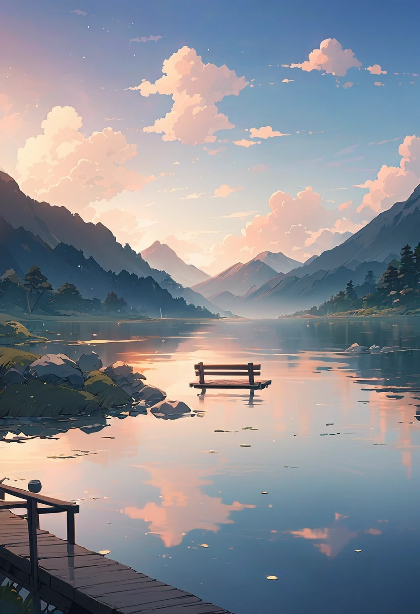 Anime scenery with a bench overlooking the water and mountains, 日本のAnime scenerys, Beautiful Japanese anime scenery, Beautiful anime scene, makoto shinkai's style, Anime Background, Anime scenery, Beautiful peaceful scene in anime, makoto shinkai. —h 2160, In the style of Makoto Shinkai, Anime Background Art, ( ( makoto shinkai ) )