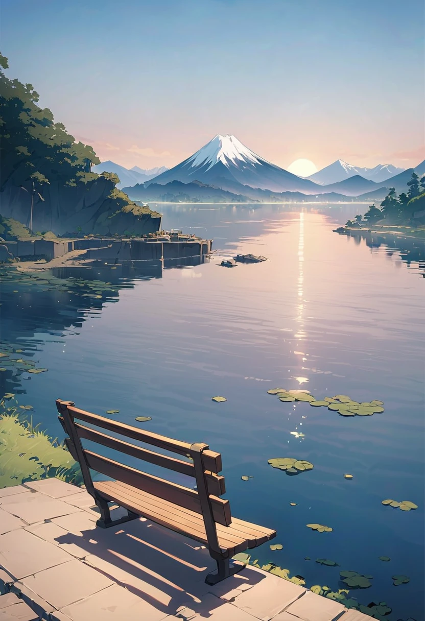 Anime scenery with a bench overlooking the water and mountains, 日本のAnime scenerys, Beautiful Japanese anime scenery, Beautiful anime scene, makoto shinkai's style, Anime Background, Anime scenery, Beautiful peaceful scene in anime, makoto shinkai. —h 2160, In the style of Makoto Shinkai, Anime Background Art, ( ( makoto shinkai ) )