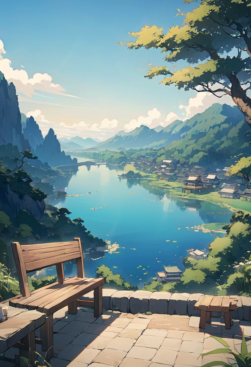 Anime scenery with a bench overlooking the water and mountains, 日本のAnime scenerys, Beautiful Japanese anime scenery, Beautiful anime scene, makoto shinkai's style, Anime Background, Anime scenery, Beautiful peaceful scene in anime, makoto shinkai. —h 2160, In the style of Makoto Shinkai, Anime Background Art, ( ( makoto shinkai ) )