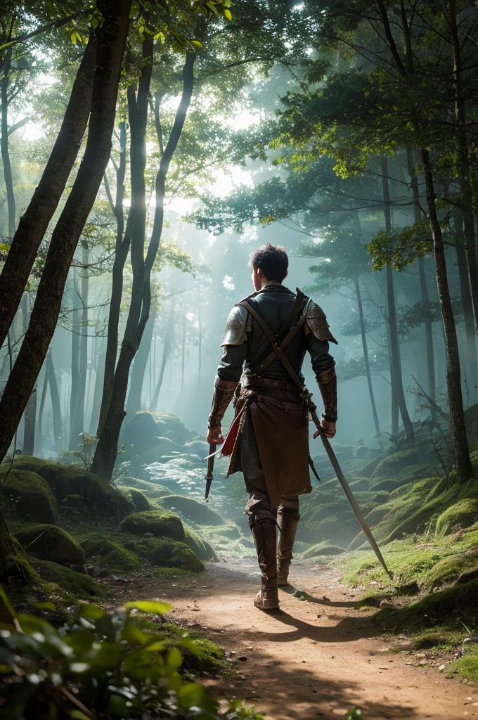 A man with a sword wandering the wilderness