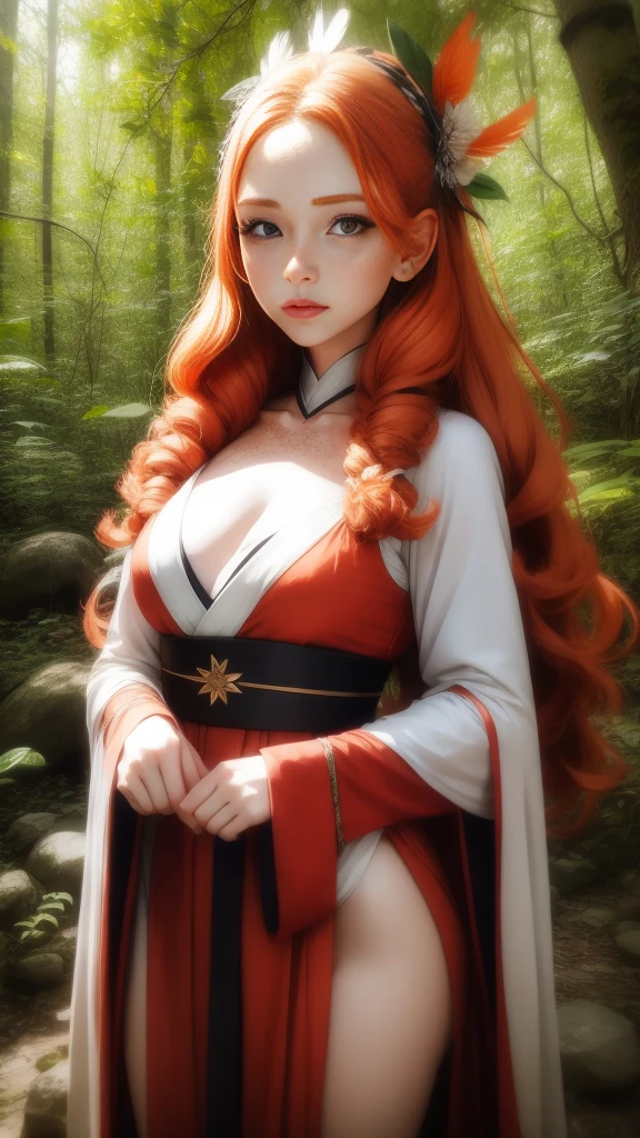 Young (princess), striking figure, long flowing ginger hair, wavy hairs, fair skin, freckles, kolito, innocent and (regal appearance), expressive green eyes are filled with a mix of curiosity and determination, her slender frame, elegant grace, vibrant orange kimono with white and black decorations, ((very long sleeves)), cleavage, feather headdress, in a forest