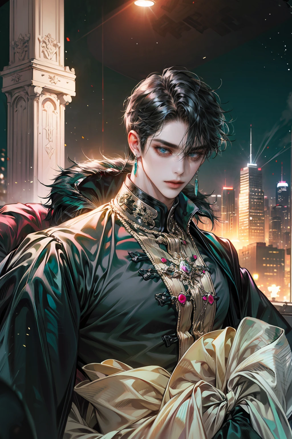 (absurdres, highres, ultra detailed, original character), 1 russian boy, solo, adult, handsome, ((tall muscular guy, broad shoulders)), finely detailed eyes, (black hair), hair between eyes, turquoise eyes, holographic, futuristic, casual outfit, black coat, gun holster, tight white shirt, big pecs, ((wearing a black earring)), cowboy shot, dutch angle, face focused, tower walled city scenery, dystopian hong kong city, skyscrapers, Cyan, Magenta, long face, closed mouth, looking at viewer, depth of field, bokeh, fulk body, model 