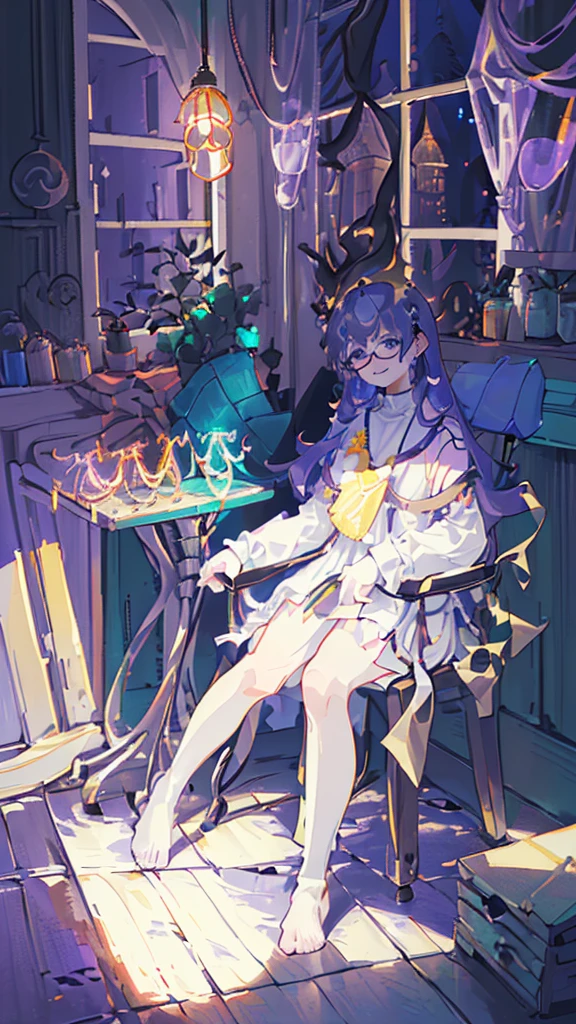 (flat:1.5),(cafe, window, sunlight, table, chair, sedentary:1.5) (BIG ASS, thick thighs:0.7), (warm light source:1.2), intricate details, volumetric lighting, Realism BREAK(masterpiece:1.2), (top quality), 4K, ultra detail, (Dynamic configuration:1.4), Very detailed and colorful details,(rainbow colors:1.2), (shining lights, atmospheric lighting), dreamy, magical, (alone:1.2), intricate details, cheeky expression, (big bust:1.5), (Black eyes with a slight purple tint:1.5), (a devastated expression, dead eyes, dark atmosphere:1.5), (Very white and long hair with a bluish tint, weak perm:1.5), (oversized white shirt:1.5), (bare foot, round-rimmed glasses:1.5), (chubby:1.1), (smiling faintly:1.5),(human ear,thin legs:1.5),(chair에 sedentary, diagonal shot:1.5), (I'm putting my hands behind my back:1.5)
