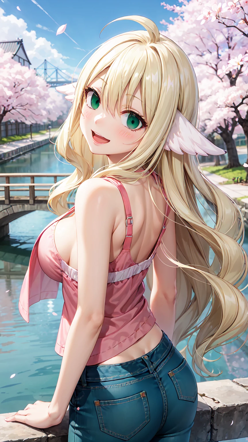 Masterpiece ,best quality , high resolution , (1 girl solo:1.38) , (mavis , long hair, blonde hair, (green eyes:1.5), ahoge, wavy hair) , (cleavage:1.2) , (medium breast:1.28) , (wear top tank , denim_micro short , , short short ,  strong wind , big wing , head tilt ) , (cleavage:1.15) , (big breast:1.1) , (face view , back view , looking back , from behind , look at view , smile , open mouth) , (standing) , (outdoor, river beside , on bridge , japaness bridge , street , cherry blossoms , cherry tree)