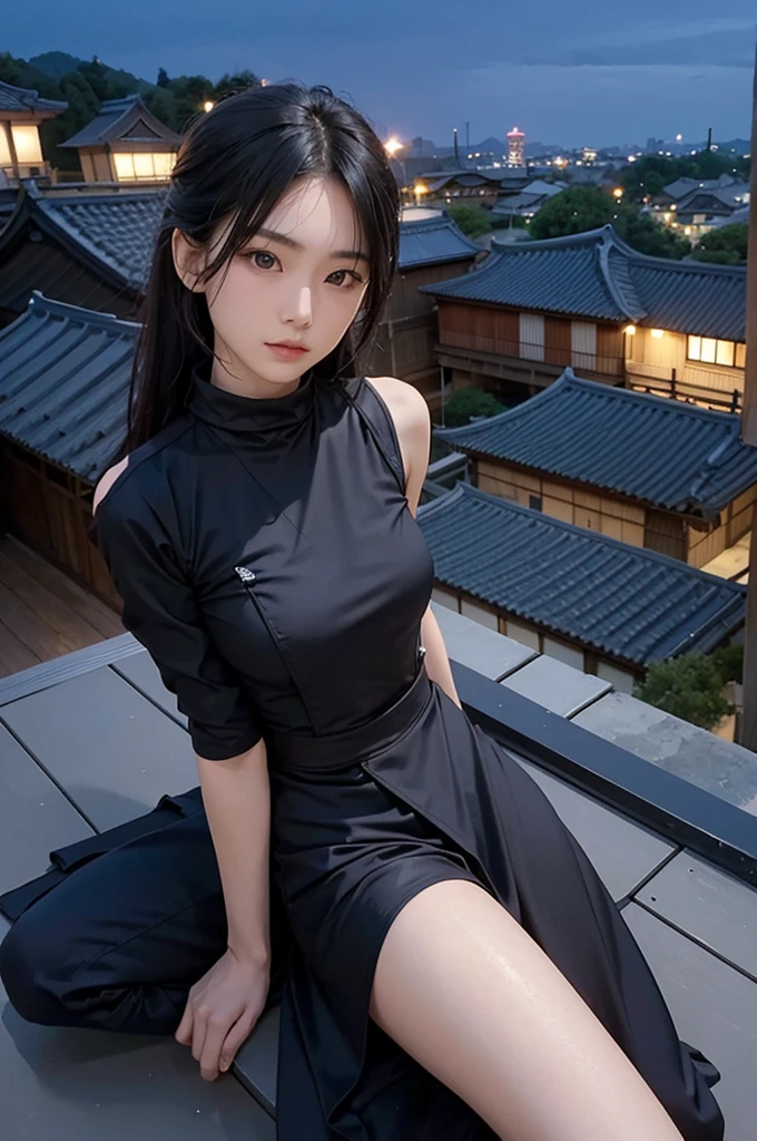 Ninja,man,handsome,Asia,Age 16-20 years,ชุดเน็ตNinja ,perfect face,abdomen,open bust dress,sitting on the roof,kunai,ancient japanese town background,night time,star,