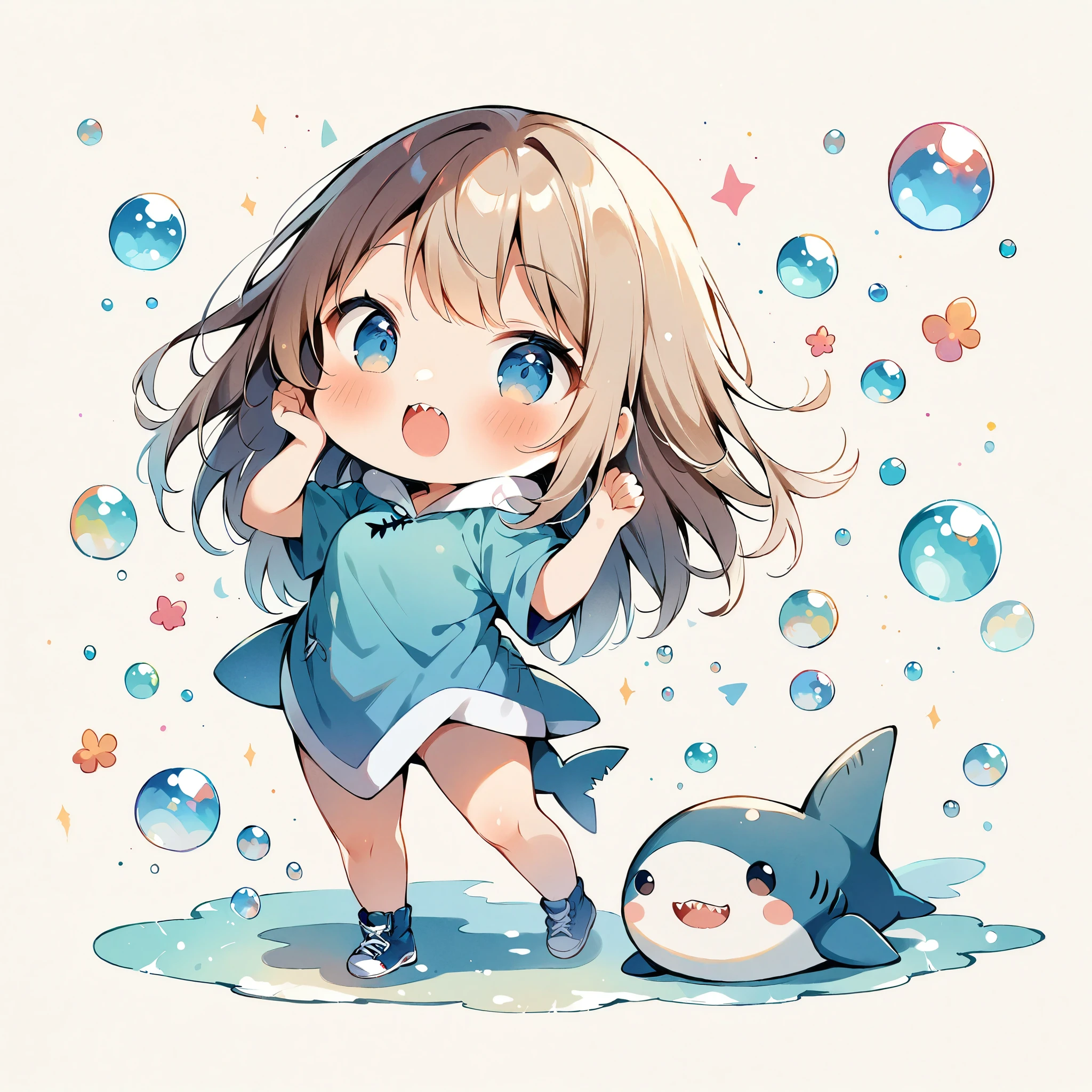 (masterpiece:1.2), (((1 Girl))), ((Chibi, Full body image))), ((Shark costume, Cute Shark Girl:1.2)), watercolor, Simple illustration, Bubble shower, Colorful water bubbles,