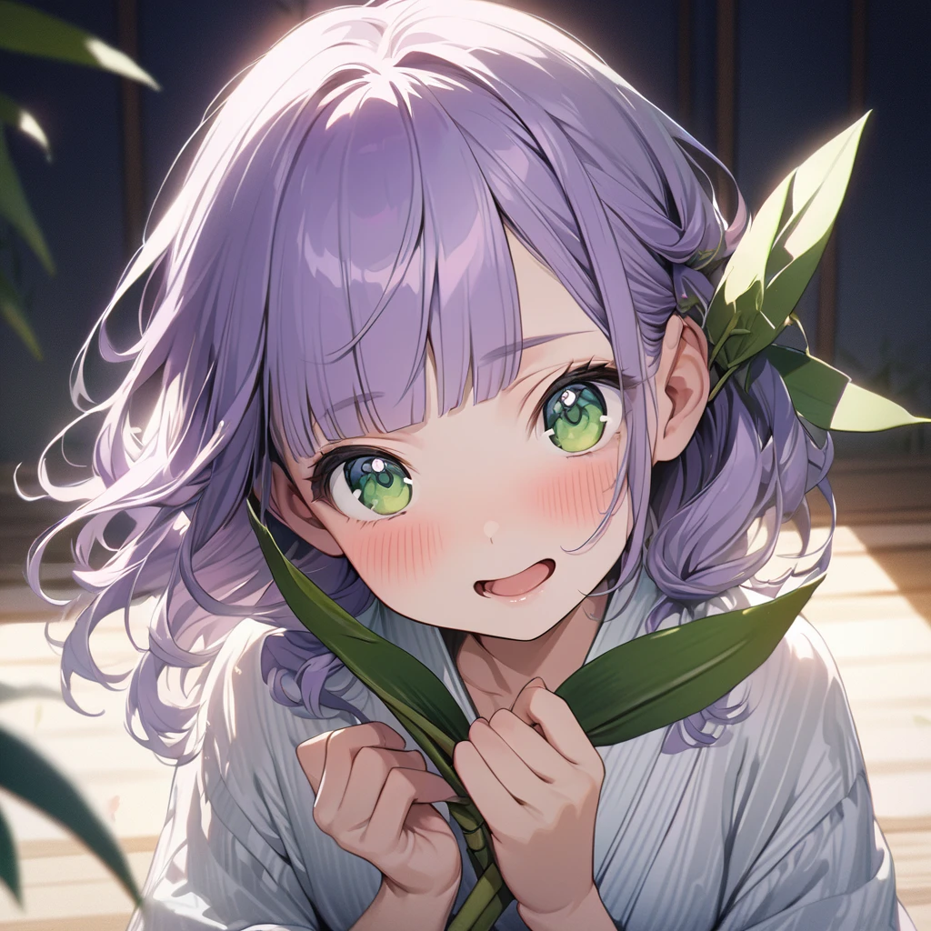 masterpiece, ultra detailed, 8K, a girl, kawaii, light atmosphere, (Cute a tsundere girl:1.5), anime visual, (tilt head:1.3), extremely delicate face, realistic lighting and shading, (an extremely delicate and beautiful art:1.3), a girl,blush,Japanese-style white colored yukata, cowboy shot, pale purple hair, blunt bangs hair, green eyes, indigo-colored Oshima Tsumugi, A girl with her mouth open and laughing, holding a bunch of bamboo leaves in her hands,