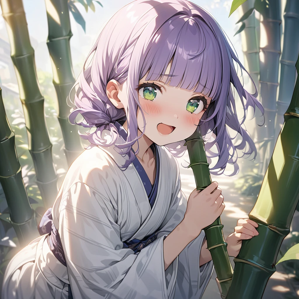 masterpiece, ultra detailed, 8K, a girl, kawaii, light atmosphere, (Cute a tsundere girl:1.5), anime visual, (tilt head:1.3), extremely delicate face, realistic lighting and shading, (an extremely delicate and beautiful art:1.3), a girl,blush,Japanese-style white colored yukata, cowboy shot, pale purple hair, blunt bangs hair, green eyes, indigo-colored Oshima Tsumugi, A girl with her mouth open and laughing, holding a bunch of bamboo leaves in her hands,